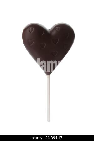 Lollipop en forme de coeur fait de chocolat isolé sur blanc Banque D'Images