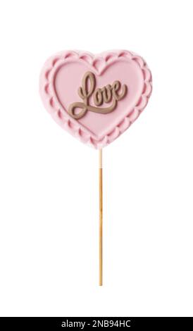 Lollipop en forme de coeur fait de chocolat isolé sur blanc Banque D'Images