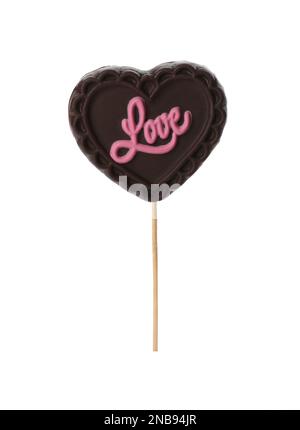 Lollipop en forme de coeur fait de chocolat isolé sur blanc Banque D'Images