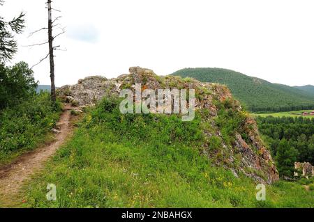 Un chemin étroit le long d'un pin sec jusqu'au sommet d'une haute falaise dans la taïga dense sous un ciel nuageux d'été. Chemin des ancêtres, Khakassia, Sibérie, Ru Banque D'Images