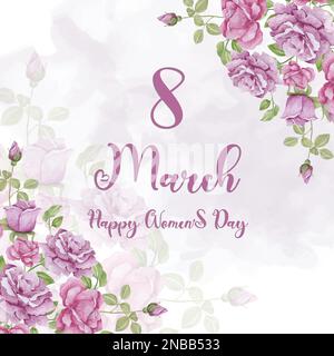 8 mars, carte de vœux vectorielle pour la Journée internationale des femmes. Composition typographique avec huit grands et Félicitations. Fond coloré, rose, orange, Illustration de Vecteur