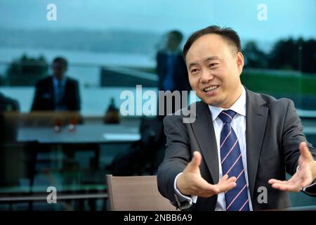 Zhengrong Shi, Founder and CEO of Suntech Power Co. Ltd., answers questions during an interview with the Associated Press at the WEF headquarters in Geneva, Switzerland, Thursday, Aug. 25. 2011. Shi Zhengrong, the CEO of Suntech Power Holdings Co., Ltd., said the G-20 advisory panel expects to issue a set of recommendations about five weeks from now on how world leaders can shift to solar, wind and other alternative energy sources - even in dire financial times. ( AP Photo/Keystone/Martial Trezzini) GERMANY OUT - AUSTRIA OUT