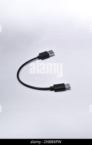 Câble USB noir avec fiches de type A et de type C isolées sur fond blanc. Câble court Banque D'Images