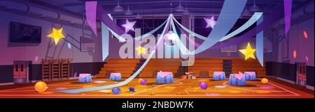 Mess dans la salle de gym de l'école vide après la fête de danse. Illustration vectorielle du chaos dans la salle de sport après une cérémonie de remise des diplômes ou de remise des diplômes. Boule disco, étoiles et rubans décoration, confetti sur le sol Illustration de Vecteur