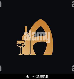 Lettre A logo avec motif bouteille de vin Illustration vectorielle sur fond noir. Lettre De verre à vin A logo Design Illustration de Vecteur