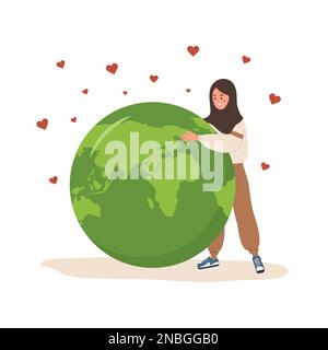 Enregistrez le concept de planète. Femme arabe souriante à côté d'un grand globe. Journée internationale de la Terre mère. Prendre soin de la nature et de l'environnement. Vecteur Illustration de Vecteur