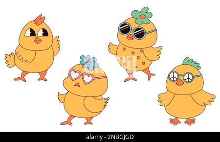 Groovy hippie Happy Easter personnages. Ensemble de poussins de Pâques dans un style de dessin animé rétro tendance de 60s 70s. Illustration de Vecteur