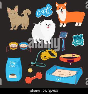 Ensemble de petits chiens à motif de petits chiens. Collection de dessins animés pour chiens ou chiots avec couleur plate dans différentes poses. Ensemble d'animaux de compagnie amusants isolés Illustration de Vecteur