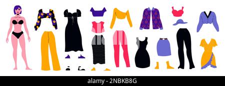 Ensemble de vêtements de poupée en papier avec robe et veste plate illustration vectorielle isolée Illustration de Vecteur