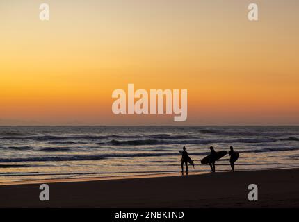 Tandis que le soleil se couche sur l'horizon, projetant une lueur orange chaude sur la plage, un groupe de figures silhouetées se dirige vers l'océan. Banque D'Images