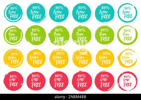 Jeu d'étiquettes rondes avec texte - sans lactose, sans sucre, sans gluten, sans ogm. Grunge les formes de cercles pour le texte Illustration de Vecteur