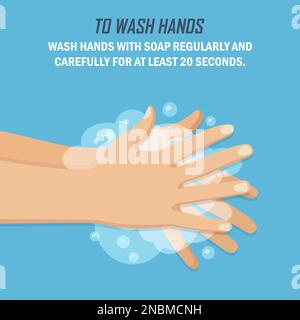 Recommandation lors d'une pandémie de coronavirus. Pour se laver les mains. Se laver les mains avec du savon dans un design plat sur fond bleu Illustration de Vecteur