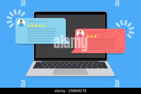 Ordinateur portable avec messagerie instantanée et évaluation de l'avis des clients dans un design plat Illustration de Vecteur