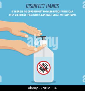 Recommandation lors d'une pandémie de coronavirus. Désinfecter les mains. Mains avec assainisseur dans un design plat sur fond bleu Illustration de Vecteur