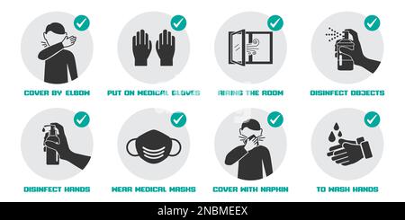 Mesures préventives icônes pour ne pas tomber malade et ne pas propager le virus Illustration de Vecteur