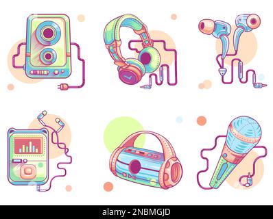 Icônes audio de musique, jeu de dessins vectoriels. Collection moderne de pictogrammes de couleur comprenant des appareils musicaux, un caisson de basses, un haut-parleur portable, un lecteur audio avec écouteurs intra-auriculaires et un microphone isolés sur fond blanc Illustration de Vecteur
