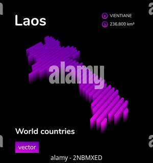 Laos 3D carte. Néon stylisé simple numérique isométrique rayé vecteur 3D la carte du Laos est en violet sur fond noir. Bannière éducative Illustration de Vecteur