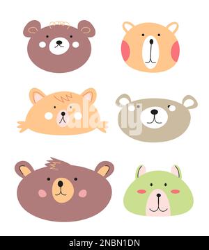 Illustration vectorielle de l'avatar de l'adorable bébé ours. Faces d'ours dessinées à la main. Visage animal coloré pour enfant Illustration de Vecteur