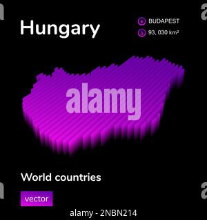 Hongrie 3D carte. Vecteur à rayures isométriques stylisées au néon numérique carte de Hongrie en violet et rose sur fond noir Illustration de Vecteur