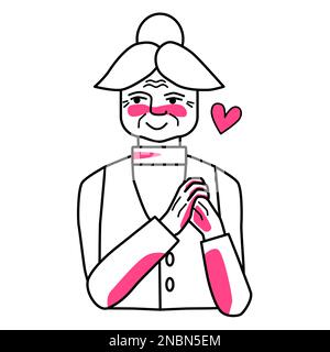 Vieille femme amoureuse, elle tient les mains. Dessin au trait, dessin à la main avec des taches roses. Illustration de Vecteur
