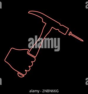 Le marteau au néon frappe l'ongle dans la griffe de la main maintenant la fixation et la réparation des outils de travail rouge couleur vecteur illustration image plat style lumière Illustration de Vecteur