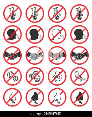 Ensemble d'icônes d'interdiction. Pas de toux, pas de poignée de main, pas de nez qui coule, pas de fièvre, pas de virus Illustration de Vecteur