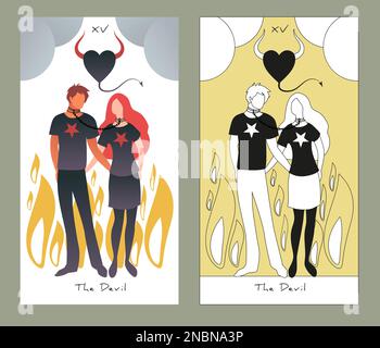 Cartes de Tarot Major Arcana. Design stylisé. Le diable. Jeune couple avec des chaînes autour du cou, coeur avec queue et cornes et flammes autour Illustration de Vecteur