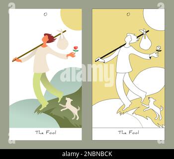 Cartes de Tarot Major Arcana. Design stylisé. Le Fool. Homme marchant entre les montagnes en compagnie d'un chien. Illustration de Vecteur