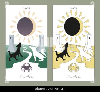 Cartes de Tarot Major Arcana. Design stylisé. La Lune. Deux chiens hurlent sur la lune et un crabe sur une rivière. Illustration de Vecteur