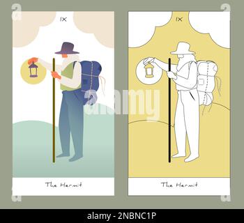 Cartes de Tarot Major Arcana. Design stylisé.The Hermit. Un vieil homme portant un chapeau et un sac à dos illuminant son chemin avec une vieille lampe. Illustration de Vecteur