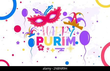 Fête traditionnelle juive Carnaval concept de Happy Purim. Célébration avec hamantaschen, masque de carnaval, confetti, parti sur fond de couleur. Purim c Illustration de Vecteur