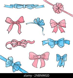 Ensemble de noeuds d'aquarelle rose et bleu isolés sur blanc. Noeud vectoriel et rubans pour votre conception. Illustration de Vecteur
