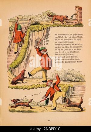 Die Geschichte vom bösen Friederich (l'histoire du mal Friederich) de la version allemande originale du livre ' Das Struwwwwelpeter-album : aus Bilderbüchern ' par Hoffmann, Heinrich, 1809-1894 Date de publication 1900 Editeur Francfort-sur-le-main : Rütten & Loening [ Der Struwelpeter (« Peter à tête de robinet » ou « Peter de poignard ») est un livre pour enfants allemand de Heinrich Hoffmann publié en 1845. Il comprend dix histoires illustrées et rimées, principalement sur les enfants. Chacun a une morale claire qui démontre les conséquences désastreuses des mauvais comportements d'une manière exagérée.[1] le titre de la première histoire provid Banque D'Images