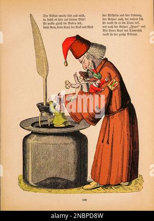 Die Geschichte von den schwarzen buben - l'histoire des garçons noirs de la version originale allemande du livre ' Das Struwwelpeter-album : aus Bilderbüchern ' par Hoffmann, Heinrich, 1809-1894 Date de publication 1900 Editeur Frankfurt am main : Rütten & Loening [ Der Struwelpeter (« Peter à tête de robinet » ou « Peter de poignard ») est un livre pour enfants allemand de Heinrich Hoffmann publié en 1845. Il comprend dix histoires illustrées et rimées, principalement sur les enfants. Chacun a une morale claire qui démontre les conséquences désastreuses des mauvais comportements d'une manière exagérée.[1] le titre de la première histoire fournit Banque D'Images