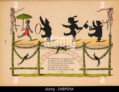 Die Geschichte von den schwarzen buben - l'histoire des garçons noirs de la version originale allemande du livre ' Das Struwwelpeter-album : aus Bilderbüchern ' par Hoffmann, Heinrich, 1809-1894 Date de publication 1900 Editeur Frankfurt am main : Rütten & Loening [ Der Struwelpeter (« Peter à tête de robinet » ou « Peter de poignard ») est un livre pour enfants allemand de Heinrich Hoffmann publié en 1845. Il comprend dix histoires illustrées et rimées, principalement sur les enfants. Chacun a une morale claire qui démontre les conséquences désastreuses des mauvais comportements d'une manière exagérée.[1] le titre de la première histoire fournit Banque D'Images