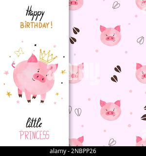 Carte de vœux d'anniversaire pour petite fille. Illustration vectorielle d'un mignon petit cochon de princesse. Illustration de Vecteur