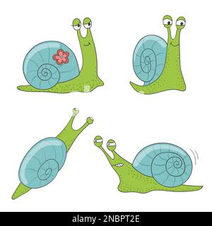 Ensemble de jolis escargots de dessins animés isolés sur blanc. Illustration vectorielle. Illustration de Vecteur