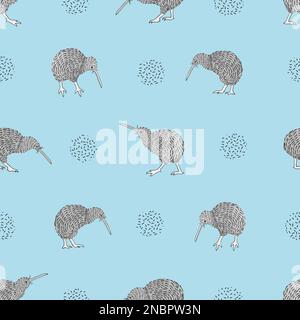 Kiwi Birds sur un motif bleu sans couture. Arrière-plan vectoriel. Illustration de Vecteur