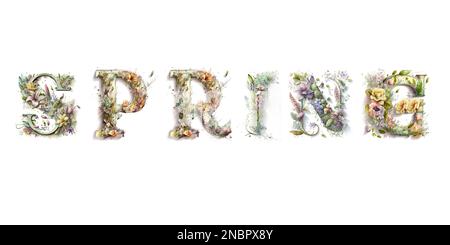 Bannière avec le mot Spring, les lettres sont chacune twined individuellement avec des fleurs de printemps dans le style d'un dessin aquarelle sur un fond blanc Banque D'Images