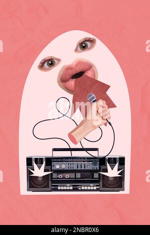 Collage vertical photo image illustration de l'hôte de l'emCEE chantant la chanson préférée belle soirée disco isolée sur fond peint Banque D'Images