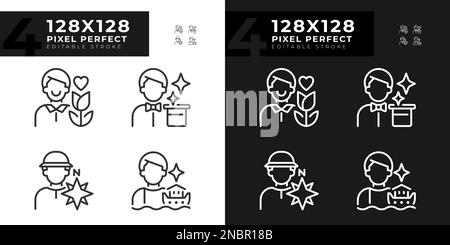 Les archétypes mâles pixel Perfect icônes linéaires sont définis pour le mode sombre et clair Illustration de Vecteur