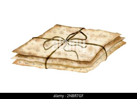 Tas de Matzah avec noeud de corde aquarelle illustration isolée sur blanc pour la pâque juive jeûne vue latérale du pain. Symbole pesach dessiné à la main Banque D'Images