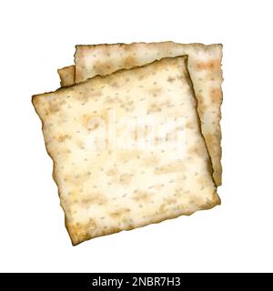 Aquarelle Pâque matzah, repas traditionnel juif de séder de vacances, illustration de nourriture de matzot carré dessinée à la main isolée sur fond blanc. Banque D'Images