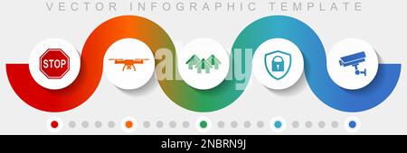 Modèle vectoriel d'infographies de sécurité à domicile avec jeu d'icônes, icônes diverses telles que panneau d'arrêt, drone, maison, caméra de vidéosurveillance et cadenas pour la conception Web et Illustration de Vecteur