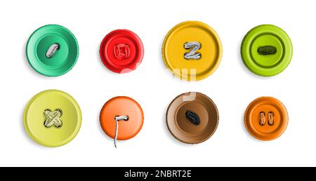 Vêtements à coudre réalistes boutons icône ensemble de boutons de différentes couleurs cousus avec illustration vectorielle de fil Illustration de Vecteur
