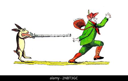 Die Geschichte vom wilden Jäger - le conte de la chasse sauvage de la version originale allemande du livre ' Das Struwwelpeter-album : aus Bilderbüchern ' par Hoffmann, Heinrich, 1809-1894 Date de publication 1900 Editeur Frankfurt am main : Rütten & Loening [ Der Struwelpeter (« Peter à tête de robinet » ou « Peter de poignard ») est un livre pour enfants allemand de Heinrich Hoffmann publié en 1845. Il comprend dix histoires illustrées et rimées, principalement sur les enfants. Chacun a une morale claire qui démontre les conséquences désastreuses d'un mauvais comportement d'une manière exagérée.[1] le titre de la première histoire fournit le TI Banque D'Images