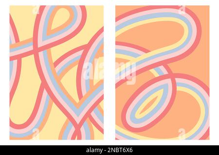 Affiches abstraites hippie arc-en-ciel. Lignes ondulées courbées ensoleillées, griboussettes irrégulières. Arrière-plan vintage boho minimaliste. Décoration murale, imprimé artistique, modèle de bannière avec bandes de couleurs. Illustration vectorielle. Illustration de Vecteur