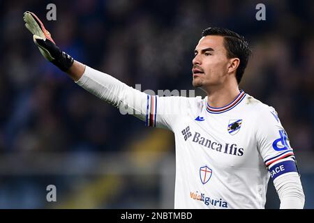 Gênes, Italie. 13 février 2023. Emil Audero de UC Sampdoria gestes pendant la série Un match de football entre UC Sampdoria et FC Internazionale. Credit: Nicolò Campo/Alay Live News Banque D'Images