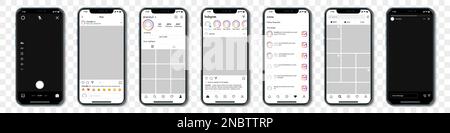 Ensemble d'iPhones bleus avec cadre de modèle Instagram pour les réseaux sociaux sur fond transparent Illustration de Vecteur