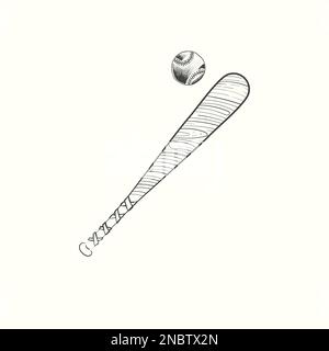 illustration noire de la batte de baseball et du vecteur de balle dessinés à la main Illustration de Vecteur